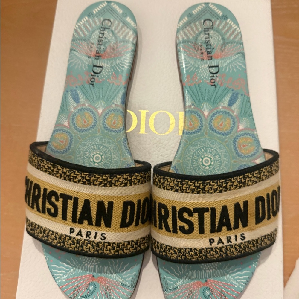 Dior Beige and Black Embroidered Logo Slide Sandals